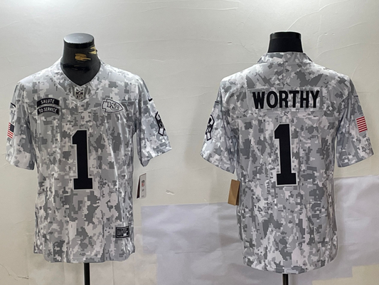 Men's Kansas City Chiefs Xavier Worthy #1 Arctic Camo 2024 Salute to Service Limited Jersey