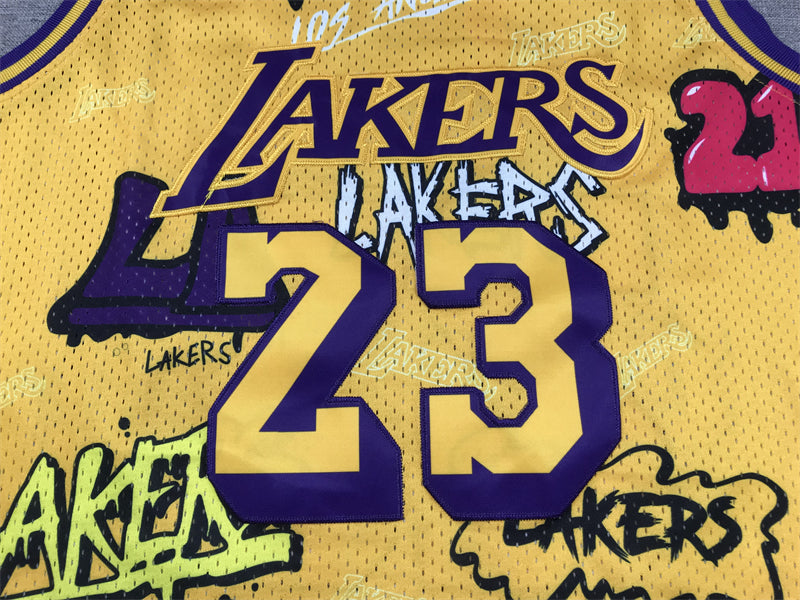 Men's Los Angeles Lakers LeBron James #23 Yellow Swingman Graffiti Edition Jersey