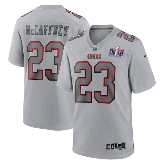 Men's San Francisco 49ers Christian McCaffrey #23 Gray Super Bowl LVIII Atmosphere Fashion Game Jersey