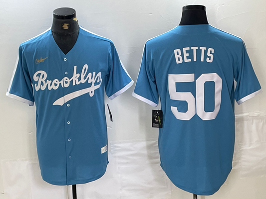 Men's Los Angeles Dodgers Mookie Betts #50 Light Blue Alternate Cooperstown Collection Player Jersey