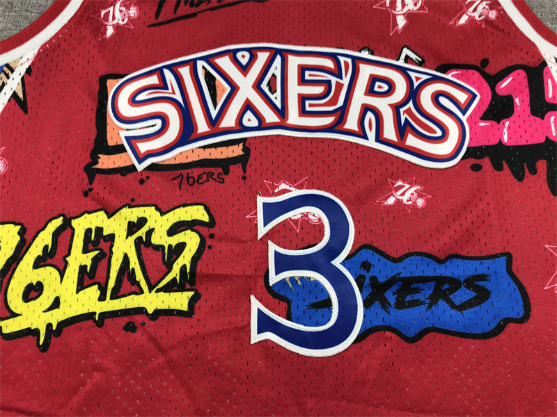 Men's Philadelphia 76ers Allen Iverson #3 Red Swingman Graffiti Edition Jersey