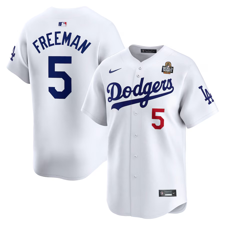 Men's Los Angeles Dodgers Freddie Freeman #5 White 2024 World Series Home Limited Player Jersey