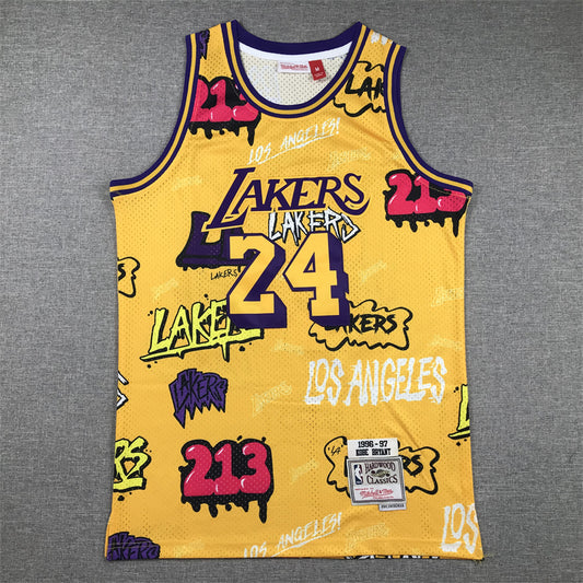 Men's Los Angeles Lakers Kobe Bryant #24 Yellow Swingman Graffiti Edition Jersey