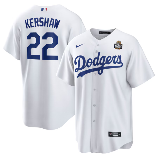 Men's Los Angeles Dodgers Clayton Kershaw #22 White 2024 World Series Home Replica Player Jersey