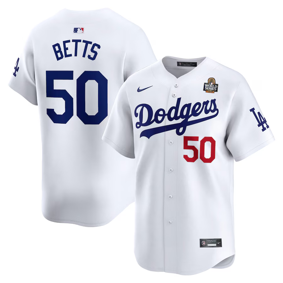 Men's Los Angeles Dodgers Mookie Betts #50 White 2024 World Series Home Limited Player Jersey