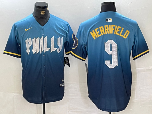 Men's Philadelphia Phillies Whit Merrifield #9 Blue 2024 City Connect Limited Player Jersey