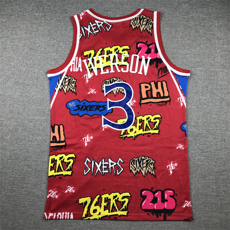 Men's Philadelphia 76ers Allen Iverson #3 Red Swingman Graffiti Edition Jersey