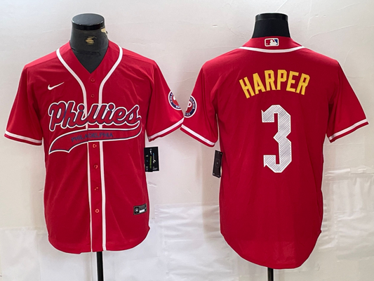 Men's Philadelphia Phillies Bryce Harper #3 Red Player Jersey Joint Edition