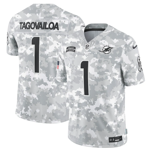 Men's Miami Dolphins Tua Tagovailoa #1 Arctic Camo 2024 Salute to Service Limited Jersey