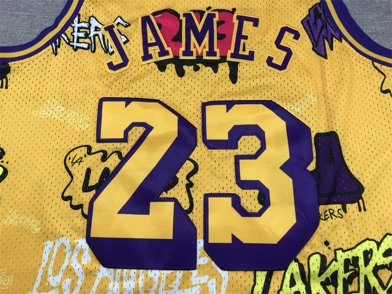 Men's Los Angeles Lakers LeBron James #23 Yellow Swingman Graffiti Edition Jersey