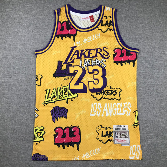 Men's Los Angeles Lakers LeBron James #23 Yellow Swingman Graffiti Edition Jersey