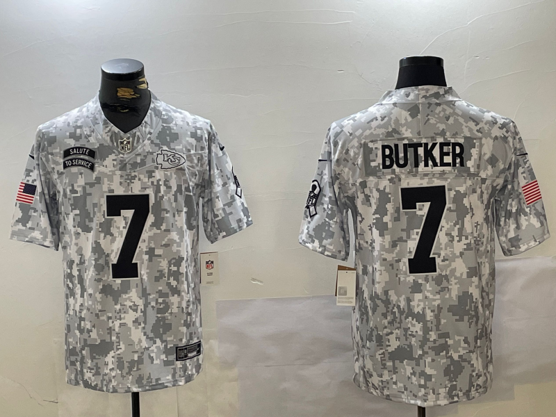 Men's Kansas City Chiefs Harrison Butker #7 Arctic Camo 2024 Salute to Service Limited Jersey