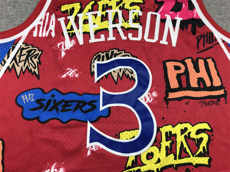 Men's Philadelphia 76ers Allen Iverson #3 Red Swingman Graffiti Edition Jersey