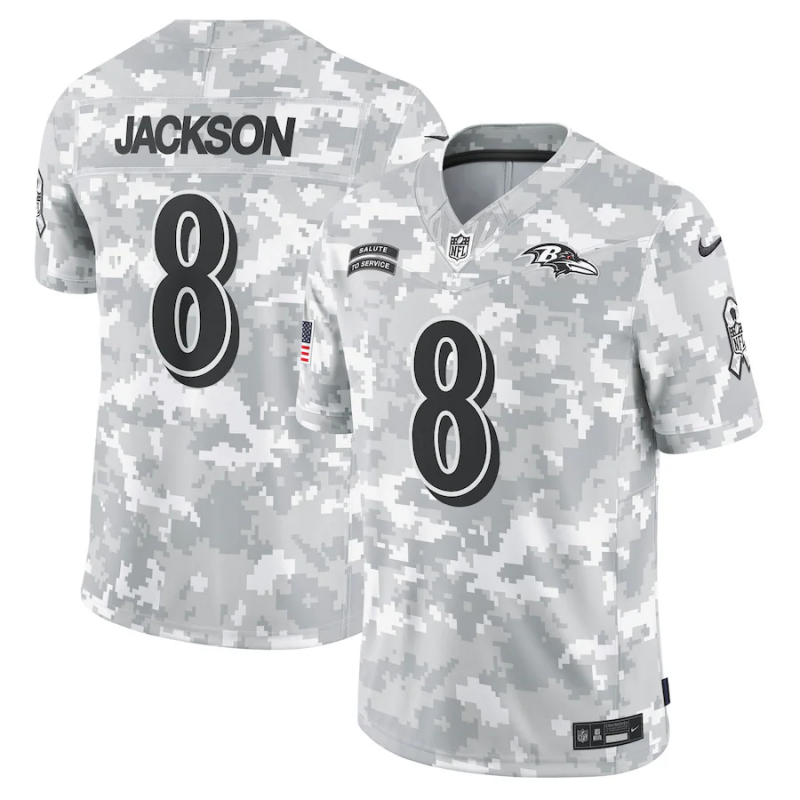 Men's Baltimore Ravens Lamar Jackson #8 Arctic Camo 2024 Salute to Service Limited Jersey