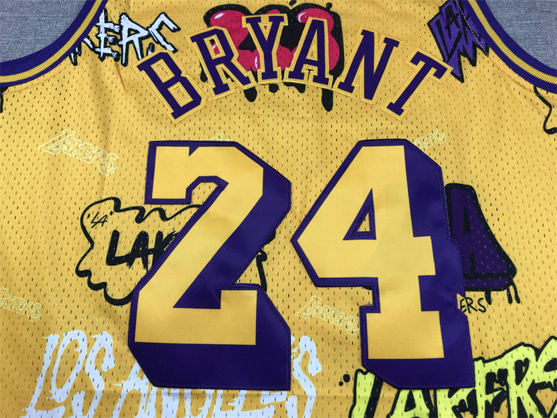 Men's Los Angeles Lakers Kobe Bryant #24 Yellow Swingman Graffiti Edition Jersey