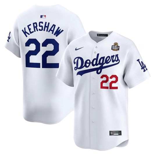 Men's Los Angeles Dodgers Clayton Kershaw #22 White 2024 World Series Home Limited Player Jersey