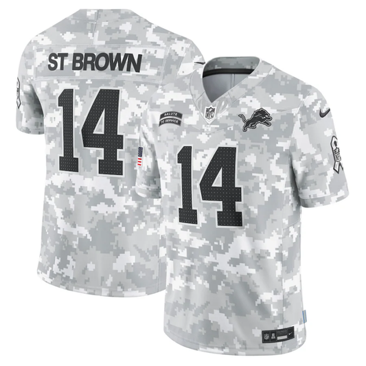 Men's Detroit Lions Amon-Ra St. Brown #14 Arctic Camo 2024 Salute to Service Limited Jersey