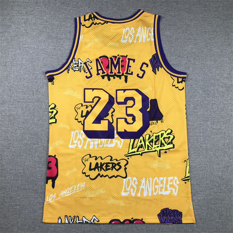 Men's Los Angeles Lakers LeBron James #23 Yellow Swingman Graffiti Edition Jersey