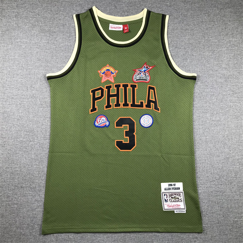 Men's Philadelphia 76ers Allen Iverson #3 Army Green 1996-97 Hardwood Classics Swingman Jersey