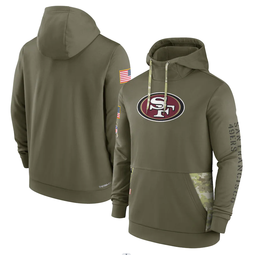 Men's San Francisco 49ers Olive 2022 Salute to Service Therma Performance Pullover Hoodie