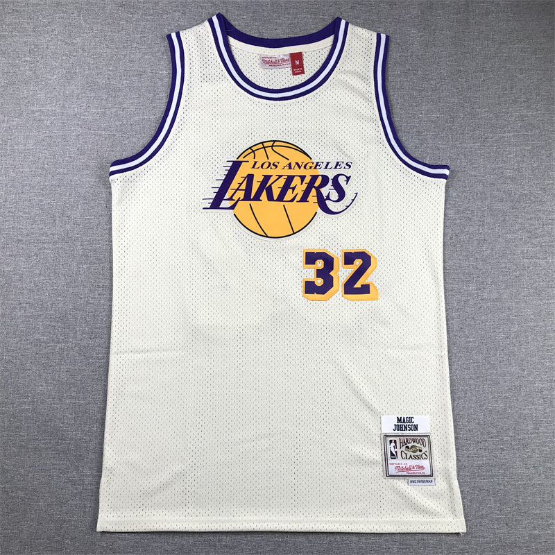 Men's Los Angeles Lakers Magic Johnson #32 Cream Hardwood Classics Swingman Jersey