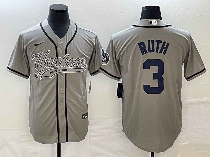 Men's New York Yankees Babe Ruth #3 Gray Player Jersey Joint Edition