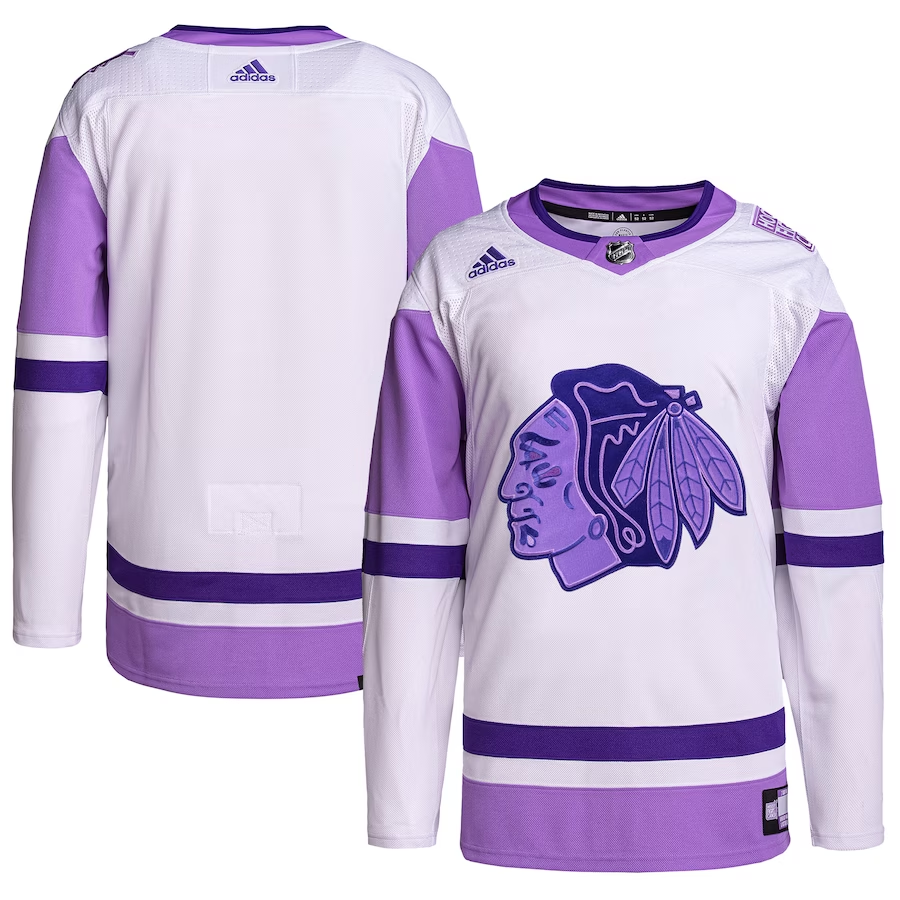 Men's Chicago Blackhawks White/Purple Hockey Fights Cancer Primegreen Authentic Blank Practice Jersey