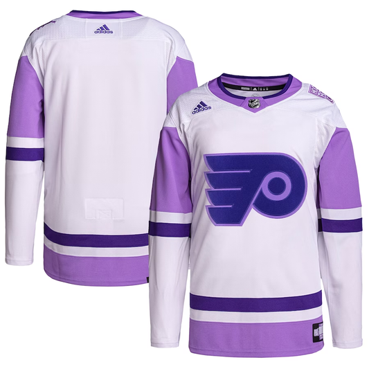 Men's Philadelphia Flyers White/Purple Hockey Fights Cancer Primegreen Authentic Blank Practice Jersey