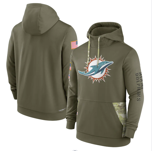 Men's Miami Dolphins Olive 2022 Salute to Service Therma Performance Pullover Hoodie