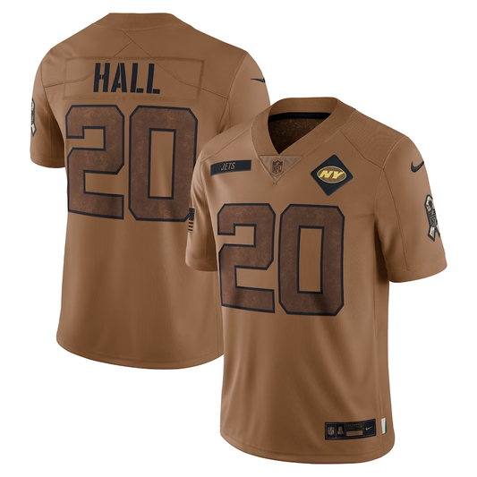 Men's New York Jets Breece Hall #20 Brown 2023 Salute To Service Limited Jersey