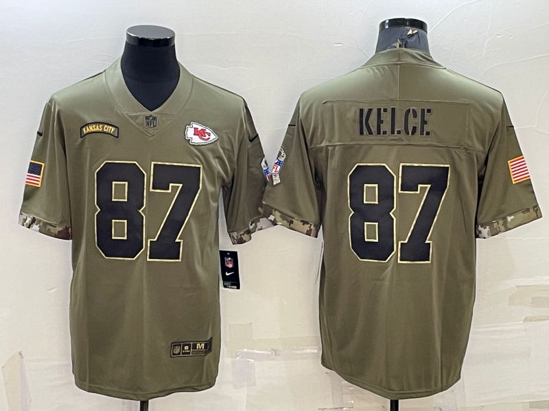 Men's Kansas City Chiefs Travis Kelce #87 Olive 2022 Salute To Service Limited Jersey