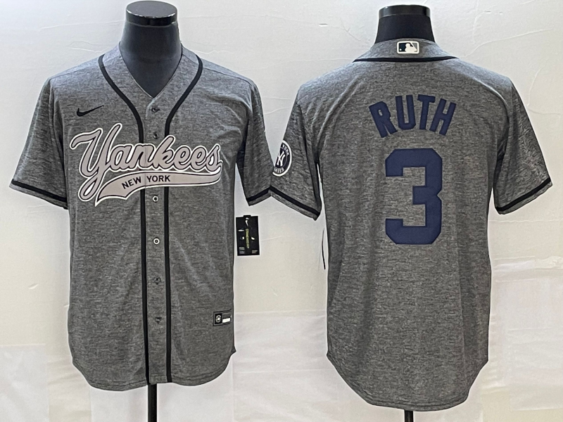 Men's New York Yankees Babe Ruth #3 Gray Game Jersey Joint Edition