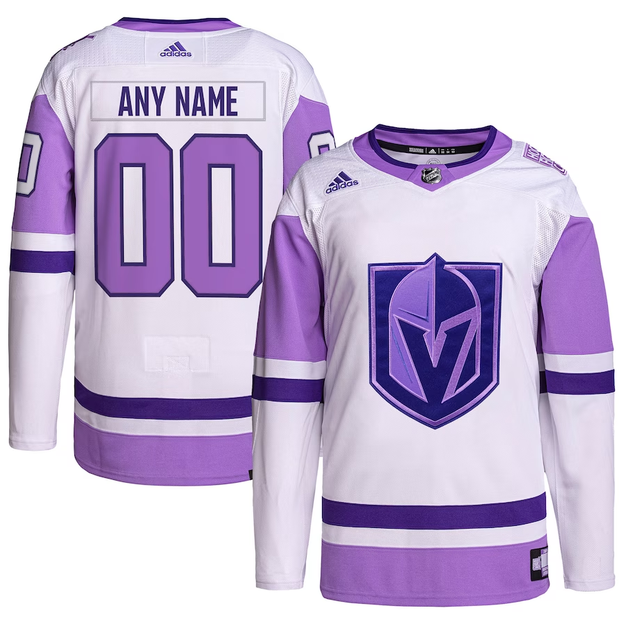 Men's Vegas Golden Knights White/Purple Hockey Fights Cancer Primegreen Authentic Custom Jersey