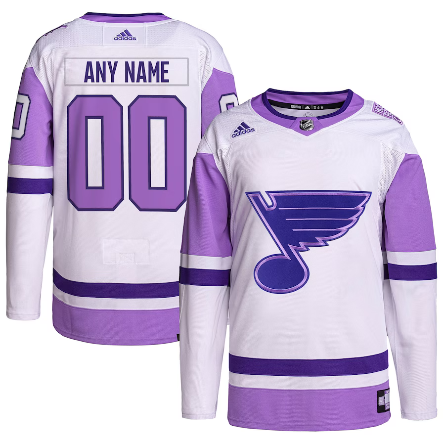 Men's St. Louis Blues White/Purple Hockey Fights Cancer Primegreen Authentic Custom Jersey