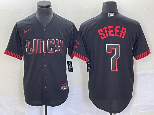 Men's Cincinnati Reds Spencer Steer #7 Black 2023 City Connect Replica Player Jersey