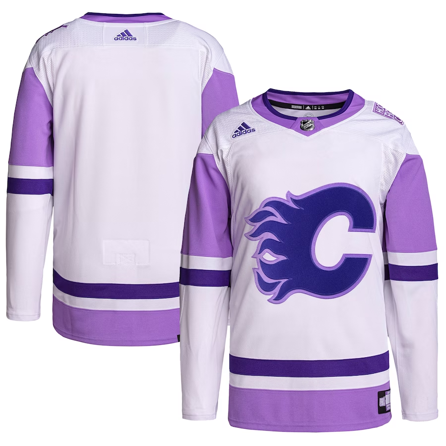 Men's Calgary Flames White/Purple Hockey Fights Cancer Primegreen Authentic Blank Practice Jersey