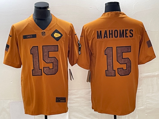 Men's Kansas City Chiefs Patrick Mahomes #15 Brown 2023 Salute To Service Retired Player Limited Jersey