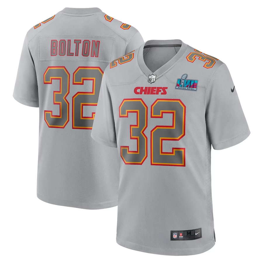 Men's Kansas City Chiefs #32 Bolton Nike Gray Super Bowl LVII Patch Atmosphere Fashion Game Jersey