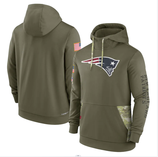 Men's New England Patriots Olive 2022 Salute to Service Therma Performance Pullover Hoodie