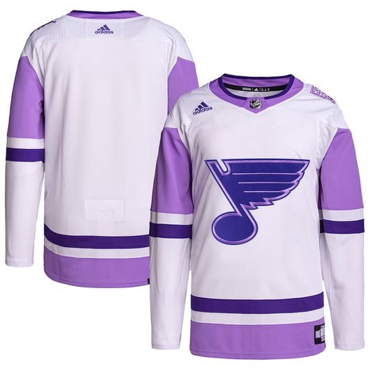 Men's St. Louis Blues White/Purple Hockey Fights Cancer Primegreen Authentic Blank Practice Jersey