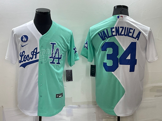 Men's Los Angeles Dodgers Fernando Valenzuela #34 White/Green Replica Baseball Jersey