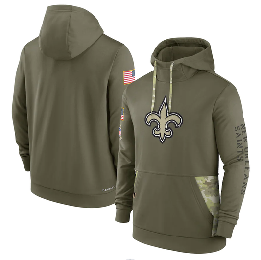 Men's New Orleans Saints Olive 2022 Salute to Service Therma Performance Pullover Hoodie