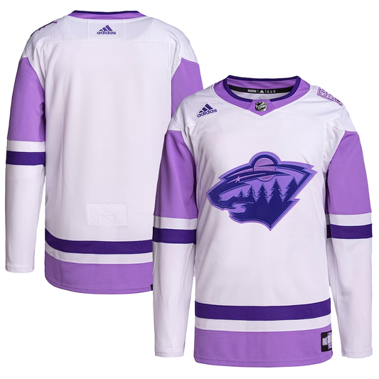 Men's Minnesota Wild White/Purple Hockey Fights Cancer Primegreen Authentic Blank Practice Jersey