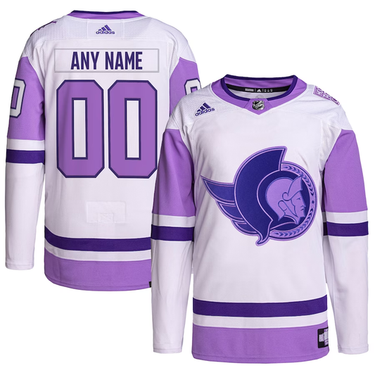 Men's Ottawa Senators White/Purple Hockey Fights Cancer Custom Jersey