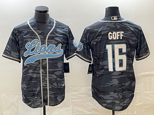 Men's Detroit Lions Jared Goff #16 Grey Camouflage Game Jersey Joint Edition