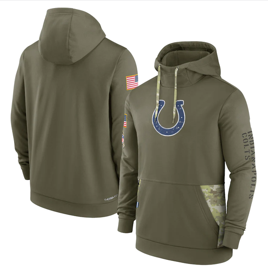 Men's Indianapolis Colts Olive 2022 Salute to Service Therma Performance Pullover Hoodie