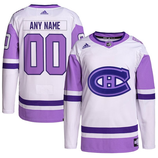 Men's Montreal Canadiens White/Purple Hockey Fights Cancer Custom Jersey