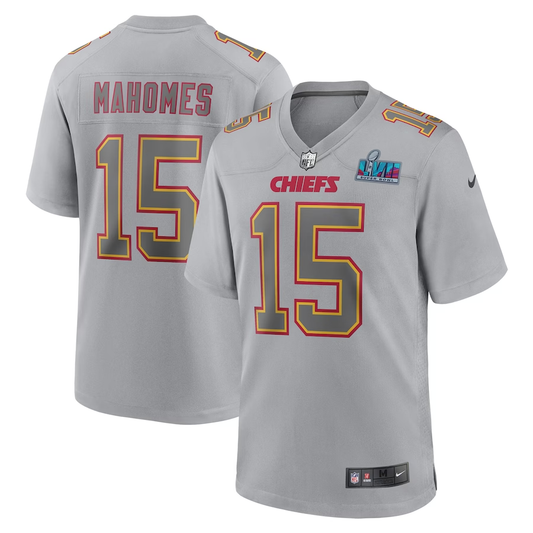 Men's Kansas City Chiefs Patrick Mahomes #15 Gray Super Bowl LVII Patch Atmosphere Fashion Game Jersey