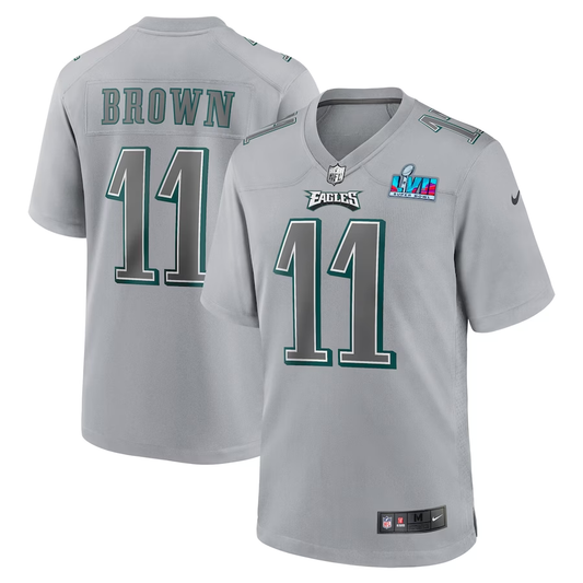 Men's Philadelphia Eagles A.J. Brown #11 Gray Super Bowl LVII Patch Atmosphere Fashion Game Jersey