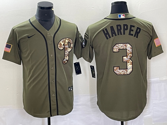 Men's Philadelphia Phillies Bryce Harper #3 Army Green Replica Player Jersey